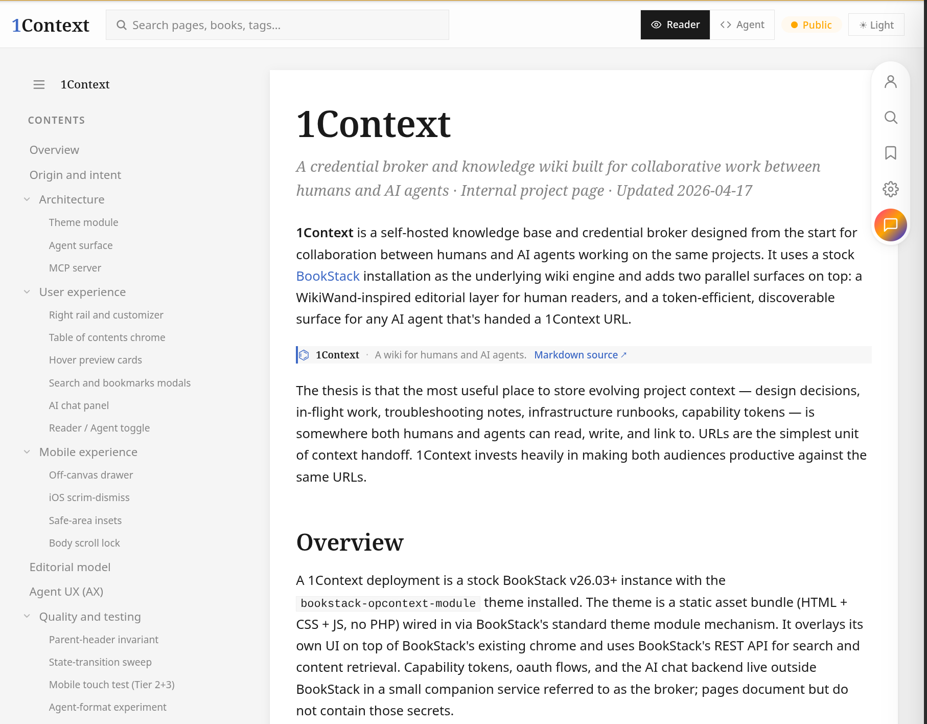 Reader view of a project wiki